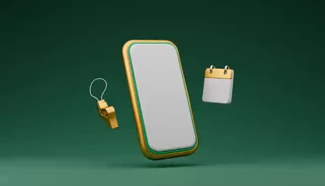Telefon, z którego unoszą się dymki wiadomości, obok gwizdek trenera i kartka kalendarza